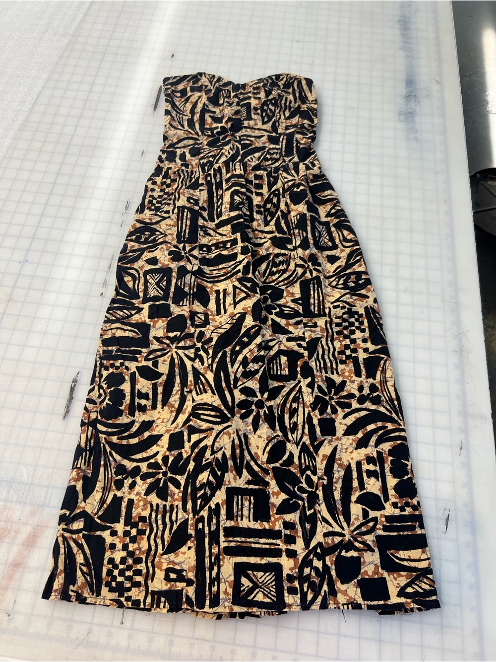 Strapless Black and Tan Patterned Midi Dress
